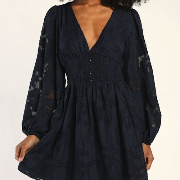Lulus Tomorrow And Always Navy Blue Burnout Floral Mini Dress - Size L - Picture 1 of 1
